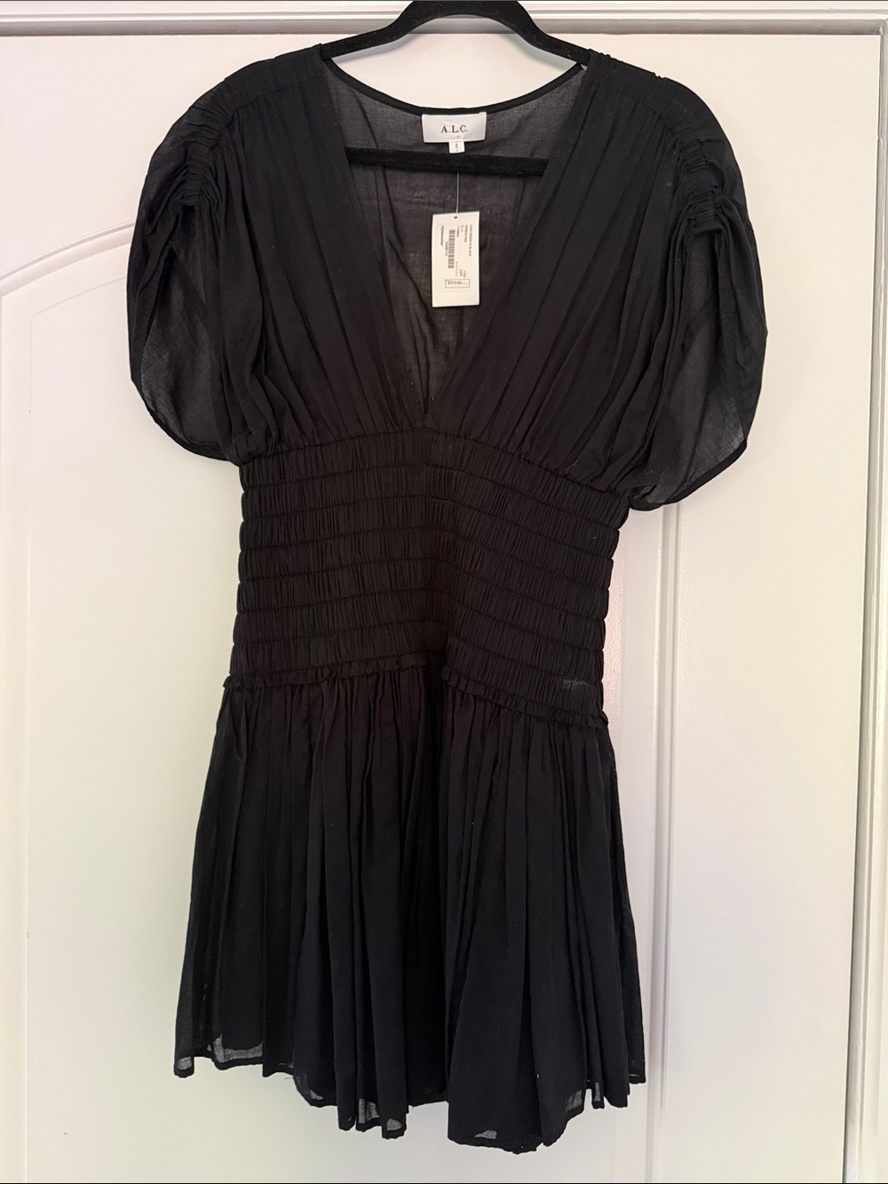 A.L.C. Black V-Neck Pleated Mini Dress - Picture 2 of 5